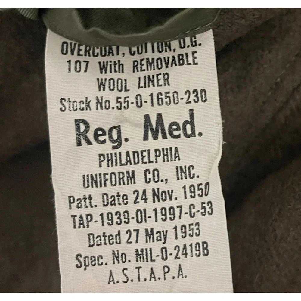 Vintage 1953 US Army Overcoat Cotton OG 107 Wool Liner Trench Coat Reg Med 1950s